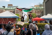 NEW YORK, NEW YORK - APRIL 29:  Pro-Palestinian supporters continue to demonstrate from a protest encampment on the campus of Columbia University on April 29, 2024 in New York City. Columbia University issued a notice to the protesters asking them to disband their encampment after negotiations failed to come to a resolution.  (Photo by Spencer Platt/Getty Images)