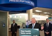 Ontario Premier Doug Ford speaks during a press conference at a Shoppers Drug Mart pharmacy in Etobicoke, Ont., on Wednesday, January 11, 2023.  THE CANADIAN PRESS/ Tijana Martin