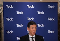 Teck Resources CEO Jonathan Price responds to questions from reporters after he company's special meeting of shareholders, in Vancouver, B.C., Wednesday, April 26, 2023. THE CANADIAN PRESS/Darryl Dyck