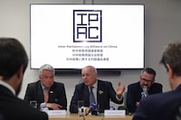 (L-R) Conservative MP Tim Loughton, former Conservative leader, Iain Duncan Smith and SNP's former defense spokesman Stewart McDonald from the Inter-Parliamentary Alliance on China, hold a press conference in central London on March 25, 2024. Prime Minister Rishi Sunak said on Monday the UK would "do what is required" to protect itself from a cyber attack by China. The UK leader, who was speaking ahead of a government statement on Chinese cyber attacks in Parliament on Monday afternoon, said the government had "invested significantly" in capabilities and tools to protect the country. (Photo by Daniel LEAL / AFP) (Photo by DANIEL LEAL/AFP via Getty Images)