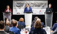 Manitoba provincial party leaders, from left,  Heather Stefanson (PC),  Wab Kinew (NDP) and Dougald Lamont (Liberal) speak at the Party Leaders Forum – Growing the Economy in Winnipeg Tuesday, September 12, 2023.  THE CANADIAN PRESS/John Woods