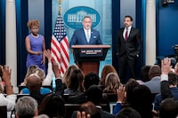 Education Secretary Miguel Cardona takes questions during a daily briefing at the White House in Washington, on Friday, June 30, 2023. Cardona has taken the first step to start a new effort to cancel college loans under the Higher Education Act of 1965, President Joe Biden said Friday. (Michael A. McCoy/The New York Times)