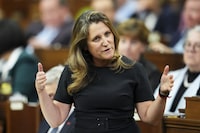 Deputy Prime Minister and Minister of Finance Chrystia Freeland rises during question period in the House of Commons on Parliament Hill in Ottawa on Tuesday, March 19, 2024. A framework for a national school food program has landed on the desk of Finance Minister Chrystia Freeland, and with the federal budget just weeks away advocates hope the proposal will get the green light. THE CANADIAN PRESS/Sean Kilpatrick