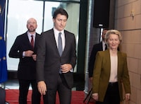 European Council President Charles Michel, Prime Minister Justin Trudeau and European Commission President Ursula von der Leyen (left to right) leave a news conference in St. John’s on Friday, Nov.24, 2023 on the second day of the Canada-EU Summit. THE CANADIAN PRESS/Paul Daly