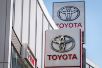 (FILES) This picture taken on October 31, 2022 shows the logo of Toyota Motor displayed at a car showroom in Tokyo. Toyota said on August 29, 2023, it halted operations at 12 of its 14 factories in Japan due to a system glitch, but that it did not appear to be a cyberattack. (Photo by Yuichi YAMAZAKI / AFP) (Photo by YUICHI YAMAZAKI/AFP via Getty Images)