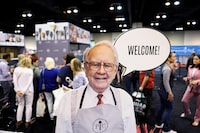 A cutout picture of Berkshire Hathaway Chairman Warren Buffett welcomes shareholders to shop at the Pampered Chef booth at the Berkshire Hathaway Inc annual shareholders' meeting in Omaha, Nebraska, U.S. May 3, 2024. REUTERS/Scott Morgan