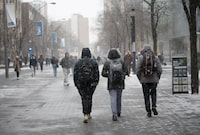 Students and pedestrians are photographed walking along Gould St. on the Toronto Metropolitan University campus on Jan 22, 2024. The federal government has announced a two year cap on international student visas to help ease pressure on housing and health care. (Fred Lum/The Globe and Mail)