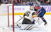 Vegas Golden Knights goalie Logan Thompson (36) is scored on by Edmonton Oilers' Connor McDavid (97) during second period NHL action in Edmonton on Tuesday Nov. 28, 2023. THE CANADIAN PRESS/Jason Franson 