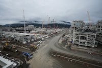 The LNG Canada industrial energy project is seen under construction in Kitimat, B.C., on Wednesday, Sept. 28, 2022. Employees at a lodge housing workers for the facility have won a 40-per-cent wage increase, averting a strike. THE CANADIAN PRESS/Darryl Dyck