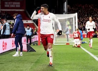 NOTTINGHAM, ENGLAND - FEBRUARY 28: Casemiro of Manchester United celebrates scoring his team's first goal during the Emirates FA Cup Fifth Round match between Nottingham Forest and Manchester United at City Ground on February 28, 2024 in Nottingham, England. (Photo by Catherine Ivill/Getty Images)