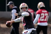 San Francisco 49ers quarterback Brock Purdy (13) throws during practice ahead of the Super Bowl 58 NFL football game Wednesday, Feb. 7, 2024, in Las Vegas. The 49ers play the Kansas City Chiefs Sunday in Las Vegas. (AP Photo/John Locher)