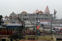 A general view of a temple to Hindu deity Ram on the eve of its consecration ceremony in Ayodhya on January 21, 2024. India's Prime Minister Narendra Modi will on January 22 inaugurate a temple that embodies the triumph of his muscular Hindu nationalist politics, in an unofficial start to his re-election campaign this year. (Photo by Money SHARMA / AFP) (Photo by MONEY SHARMA/AFP via Getty Images)