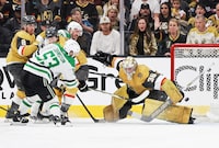 LAS VEGAS, NEVADA - APRIL 29: Wyatt Johnston #53 of the Dallas Stars scores a power-play goal against Logan Thompson #36 of the Vegas Golden Knights in the second period of Game Four of the First Round of the 2024 Stanley Cup Playoffs at T-Mobile Arena on April 29, 2024 in Las Vegas, Nevada. (Photo by Ethan Miller/Getty Images)