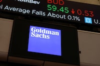The logo for Goldman Sachs is seen on the trading floor at the New York Stock Exchange (NYSE) in New York City, New York, U.S., November 17, 2021.