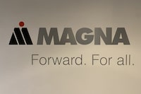 A Magna logo is shown in Milton, Ont. on Saturday, March 24, 2023. THE CANADIAN PRESS/Staff