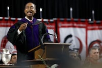 Steve C. Jones, United States District Court Judge for the Northern District of Georgia,  gives the commencement address at the University of Georgia's fall commencement in Athens, Ga., on Friday, Dec. 14, 2018. (Joshua L. Jones/Athens Banner-Herald via AP)