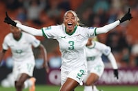 Zambia's Lushomo Mweemba celebrates the first goal of the match during the Women's World Cup Group C soccer match between Costa Rica and Zambia in Hamilton, New Zealand, Monday, July 31, 2023. (AP Photo/Juan Mendez)