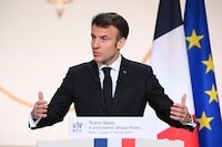 French President Emmanuel Macron gives a speech to ouline France's revamped strategy for Africa ahead of his visit in Central Africa, at the Elysee Palace in Paris on February 27, 2023. Stefano Rellandini/Pool via REUTERS