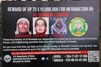 A general view of a poster of the most wanted Al-Shabab leaders at the US Embassy in Gigiri, Nairobi, on November 15, 2022. - The United States said on November 14, 2022 it was increasing its reward for information about key leaders of Somalia's Al-Shabaab to $10 million apiece, a move that follows a spate of deadly attacks by the jihadist group.
The US State Department also said it was for the first time offering a reward of up to $10 million for information "leading to the disruption of the financial mechanisms" of the Al-Qaeda affiliate. (Photo by Simon MAINA / AFP) (Photo by SIMON MAINA/AFP via Getty Images)