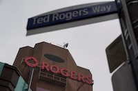Rogers corporate head office and headquarters seen from Ted Rogers Way in Toronto on Monday, Oct. 25, 2021.&nbsp;Rogers Communications Inc. said it earned a first-quarter profit of $392 million, up from $361 million a year earlier, and raised its guidance for the year. THE CANADIAN PRESS/Evan Buhler