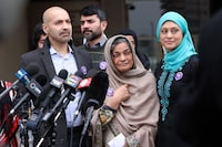 Afzaal family members Ali Islam, Tabinda Bukhari and Hina Islam (left to right) speak to the media after the sentencing of Nathaniel Veltman in London, Ont., Thursday, Feb. 22, 2024. THE CANADIAN PRESS/Nicole Osborne