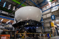 The exterior of a CAE flight simulator during a press tour at the CAE factory in Montreal on Aug. 12, 2020.