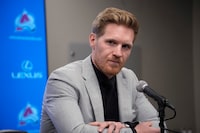Injured Colorado Avalanche left wing and captain Gabtiel Landeskog talks during a news conference Thursday, April 13, 2023, in Denver. Landeskog announced that he will not play in the team's 2023 Stanley Cup playoffs because of a lingering knee injury. (AP Photo/David Zalubowski