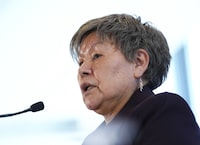 Modern Treaty partner Eva Clayton, president, Nisga'a Nation, speaks during an announcement in Ottawa, Tuesday, Feb. 28, 2023. The Nisga'a Lisims Government says it began an out-of-court dispute resolution process in 2019 and has reached agreements regarding the interpretation and application of its treaty. THE CANADIAN PRESS/Sean Kilpatrick