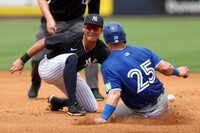 Mar 16, 2024; Tampa, Florida, USA;  Toronto Blue Jays left fielder Daulton Varsho (25) steals second base against the New York Yankees in the fourth inning at George M. Steinbrenner Field. Mandatory Credit: Nathan Ray Seebeck-USA TODAY Sports