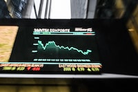 The electronic ticker display outside the Toronto Stock Exchange Tower in Toronto, is photographed after the market closed on Monday, Jan., 24, 2022.