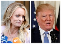 FILE PHOTO: A combination photo shows adult film actress Stephanie Clifford, also known as Stormy Daniels, speaking in New York City, and then- U.S. President Donald Trump speaking in Washington, Michigan, U.S. on April 16, 2018 and April 28, 2018 respectively. REUTERS/Brendan Mcdermid (L) REUTERS/Joshua Roberts/File Photo