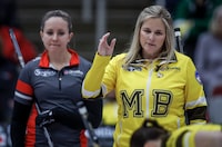 Team Manitoba-Jones skip Jennifer Jones, right, gestures to her teammates as Team Ontario—Homan skip Rachel Homan looks on at the Scotties Tournament of Hearts in Calgary, Saturday, Feb. 24, 2024. Jones will soon call time on one of the best careers in curling history. Rachel Homan is set to put a bow on one of the best seasons ever played. Two of Canada’s best skips will be in the spotlight this week as the Grand Slam of Curling circuit concludes with the Princess Auto Players' Championship at the Mattamy Athletic Centre in Toronto. THE CANADIAN PRESS/Jeff McIntosh