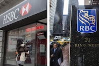 Left: The HSBC Bank branch in Toronto on November 29th, 2022 and right a man walks by an RBC sign near Bay and King on March 20, 2019.