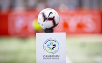 The game ball sits on a pedestal ahead of the inaugural soccer match of the Canadian Premier League in Hamilton, Ont. on April 27, 2019. THE CANADIAN PRESS/Aaron Lynett
