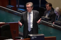Toronto Mayor John Tory speaks in the Toronto city hall council chamber during the Budget meeting, on Wednesday, February 15, 2023. THE CANADIAN PRESS/Chris Young 
