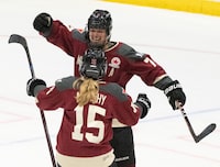 Montreal's Laura Stacey (7) celebrates her goal to tie the game against Minnesota with teammate Maureen Murphy (15) during third period PWHL hockey action in Montreal on Thursday, April 18, 2024. THE CANADIAN PRESS/Christinne Muschi