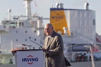 Arthur L. Irving, the second-born son of New Brunswick industrialist K.C. Irving, has died at 93 after a life spent growing the oil business that his father founded. Irving, then chairman of Irving Oil, takes to the podium during the grand opening of the Halifax Harbour Terminal in Dartmouth, N.S., Thursday, Oct. 20, 2016.