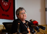 Adeline Webber, chair of the Yukon Residential Schools Missing Children Working Group, speaks during a press conference in Whitehorse on Friday March 24, 2023. Webber said that that ground penetrating radar searches are set to begin this summer at the site of the Choutla Residential School in Carcross, Yukon.THE CANADIAN PRESS/HO-Carcross/Tagish First Nation-Max Leighton
**MANDATORY CREDIT **