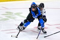 PWHL Toronto forward Sarah Nurse (20) defends the puck from PWHL Minnesota defender Sophie Jaques (16) during first period action as PWHL Toronto takes on PWHL Minnesota in the inaugural playoff game at Coca-Cola Coliseum in Toronto on May 8, 2024.
May 8, 2024.
(Sammy Kogan/The Globe and Mail)�