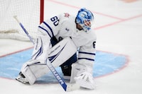 Toronto Maple Leafs goaltender Joseph Woll (60) in action during the third period of an NHL hockey game against the Washington Capitals, Tuesday, Oct. 24, 2023, in Washington. (AP Photo/Nick Wass)