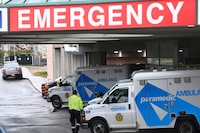 Ambulances sit at the emergency room entrance at the Michael Garron Hospital in Toronto on Thursday, April 29, 2021. There reports that the hospital experienced a potential exhaustion of its supply of oxygen and had to send COVID-19 patients to other hospitals across the GTA Thursday. THE CANADIAN PRESS/Frank Gunn