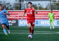 Centre back Lazar Stefanovic is shown in action for Toronto FC 2 on Sept. 15, 2023, in MLS Next Pro play against New York City FC 2 in Jamaica, N.Y. The 17-year-old is currently in Indonesia with Canada at the FIFA U-17 World Cup. THE CANADIAN PRESS/HO-Toronto FC-Lucas Kschischang **MANDATORY CREDIT** 