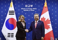 Canada's Foreign Minister Melanie Joly, left, shakes hands with South Korean Foreign Minister Park Jin prior to a meeting at the Foreign Ministry in Seoul, South Korea Saturday, April 15, 2023. THE CANADIAN PRESS/Kim Min-Hee/Pool Photo via AP