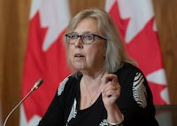 Green Party MP Elizabeth May speaks during a news conference in Ottawa, Tuesday, April 25, 2023. THE CANADIAN PRESS/Adrian Wyld