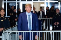 Donald Trump speaks to the press at the end of  day 2 of jury selection in his trial over charges that he falsified business records to conceal money paid to silence porn star Stormy Daniels in 2016, in Manhattan state court in New York City, U.S. April 16, 2024.    Curtis Means/Pool via REUTERS