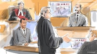 Justice Anne Molloy, left to right, Umar Zameer, Detective Adam Taylor, Nader Hasan and Michael Cantlon crown are shown in a courtroom sketch in Toronto on Wednesday, March 20, 2024. The trial of a man accused of killing a Toronto police officer in a parking garage nearly three years ago has begun. Zameer has pleaded not guilty to first-degree murder in the death of Const. Jeffrey Northrup.THE CANADIAN PRESS/Alexandra Newbould