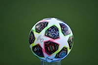 The official ball is pictured prior to the UEFA Women's Champions League semi-final second-leg match between Arsenal and Wolfsburg at the Arsenal Stadium, in London, on May 1, 2023. (Photo by Ben Stansall / AFP) (Photo by BEN STANSALL/AFP via Getty Images)