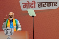Indian Prime Minister Narendra Modi speaks during an event in which he released his ruling Bharatiya Janata Party's manifesto for the upcoming national parliamentary elections in New Delhi, India, Sunday, April 14, 2024. (AP Photo/Manish Swarup)