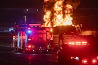 Ontario Provincial Police say a multi-vehicle collision has left two people dead and sparked a massive fireball on Highway 401, at Brock Road in Pickering, east of Toronto.
