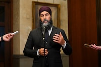 NDP leader Jagmeet Singh speaks to reporters as he arrives for question period on Parliament Hill in Ottawa on Tuesday, Dec. 13, 2022. THE CANADIAN PRESS/Sean Kilpatrick
